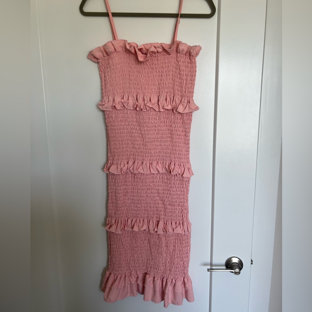 Smocked Pink Midi Dress with Ruffle Tiers